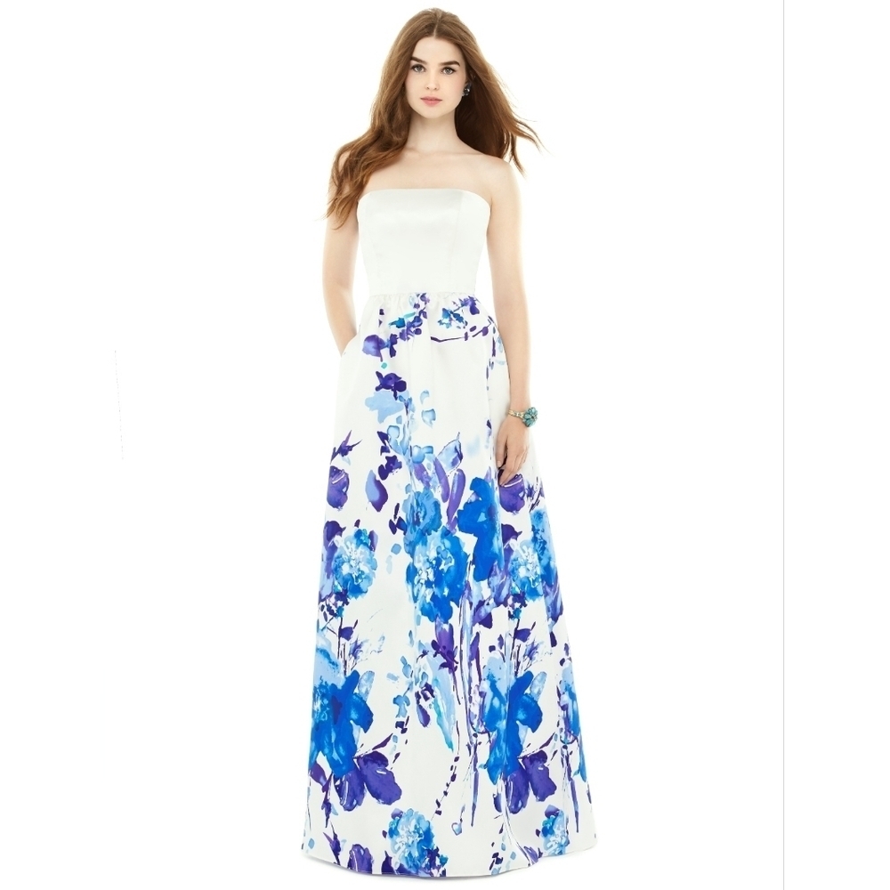 Alfred Sung Designer Strapless White/Blue Bouquet Gown 8 Wedding Formal Prom